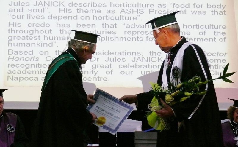 Rector Doru Pamfil giving DHC diploma to Professor Jules Janick